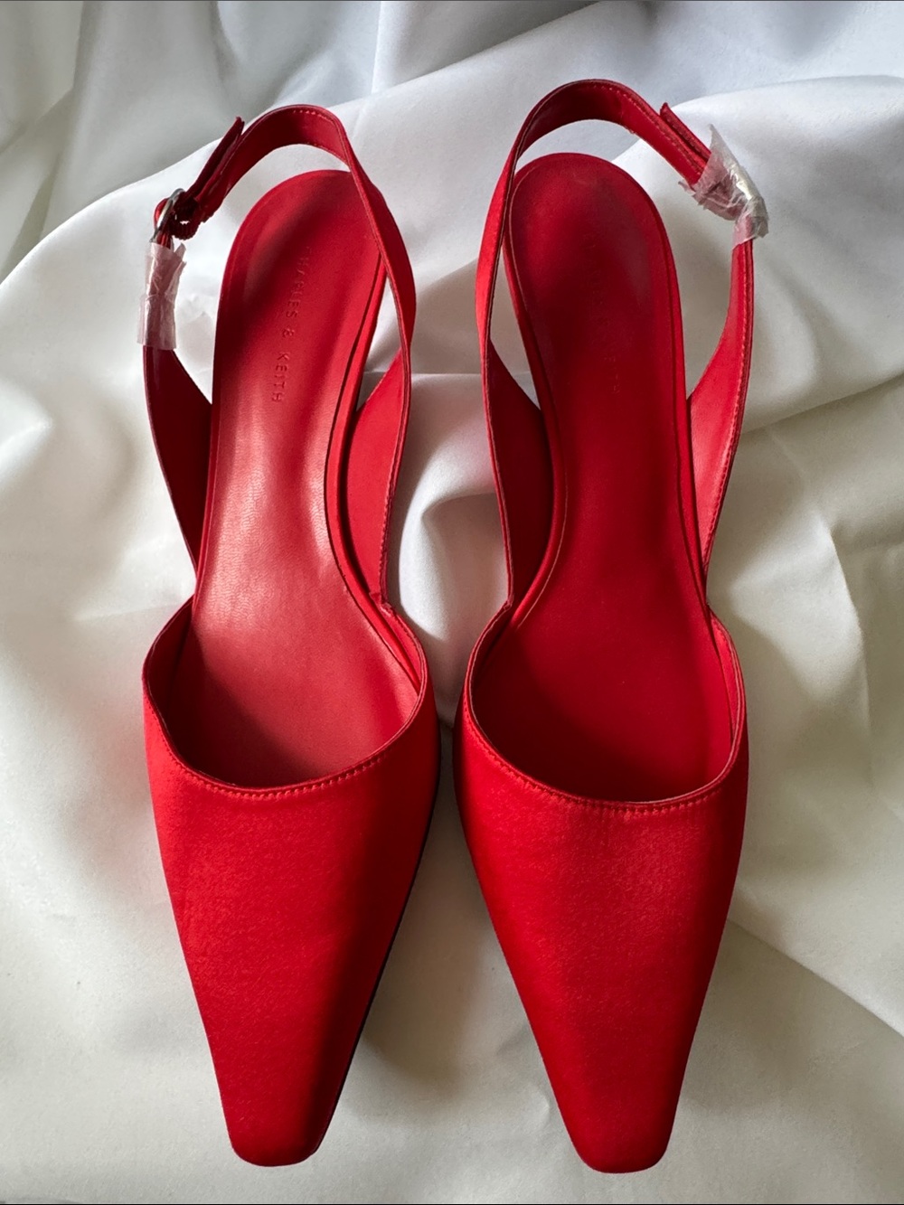 Charles & Keith Satin Red Pointed Slingback Heels